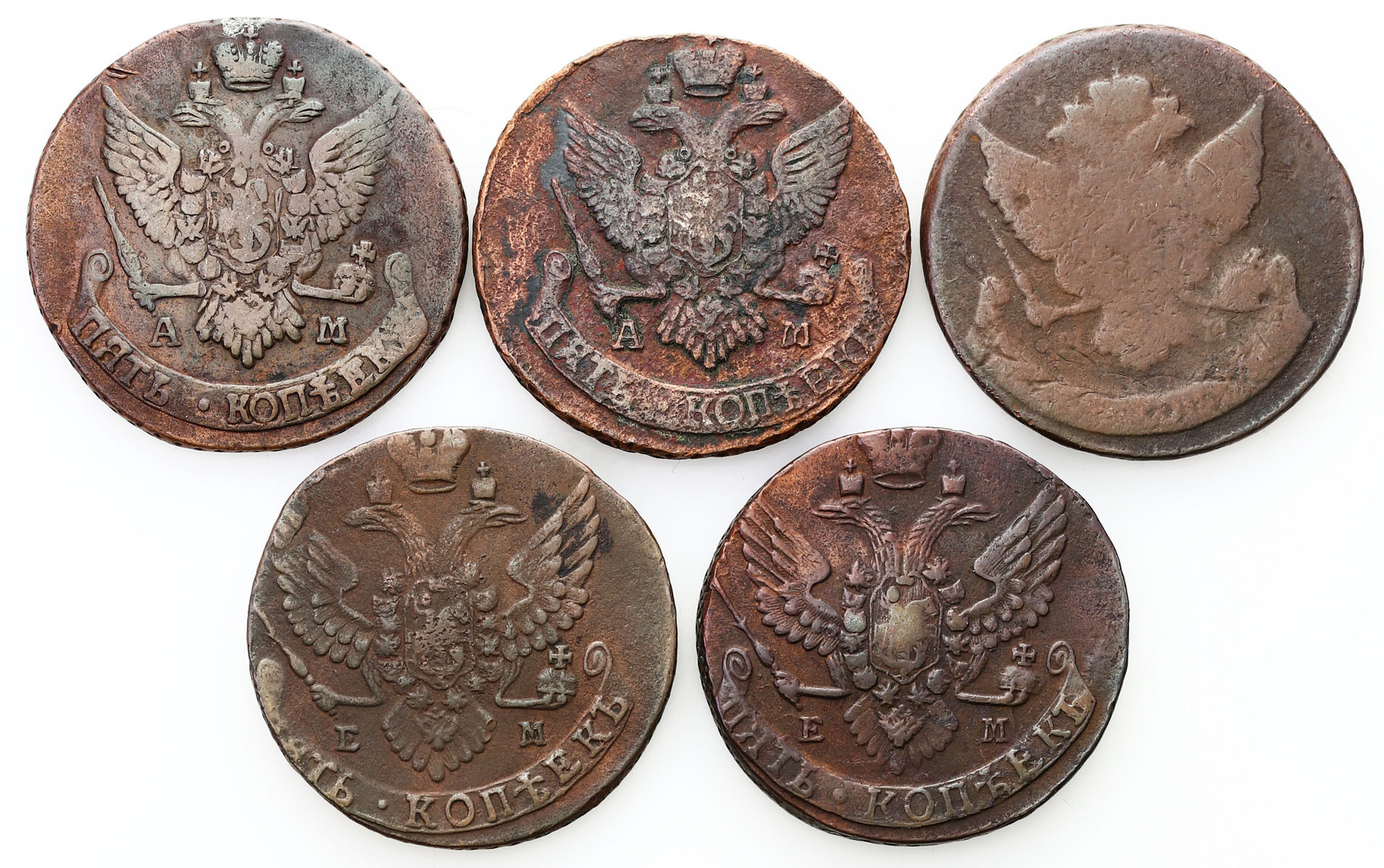 Rosja. Katarzyna II. 5 kopiejek 1788-1795, zestaw 5 monet
